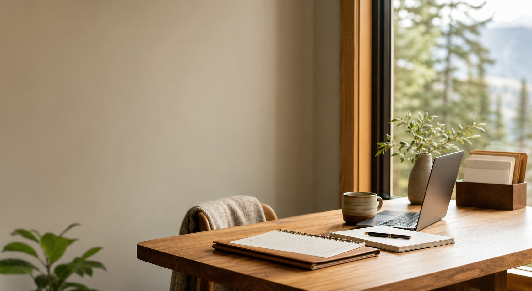 A calm home office with coffee, natural light, and organized bookkeeping materials.